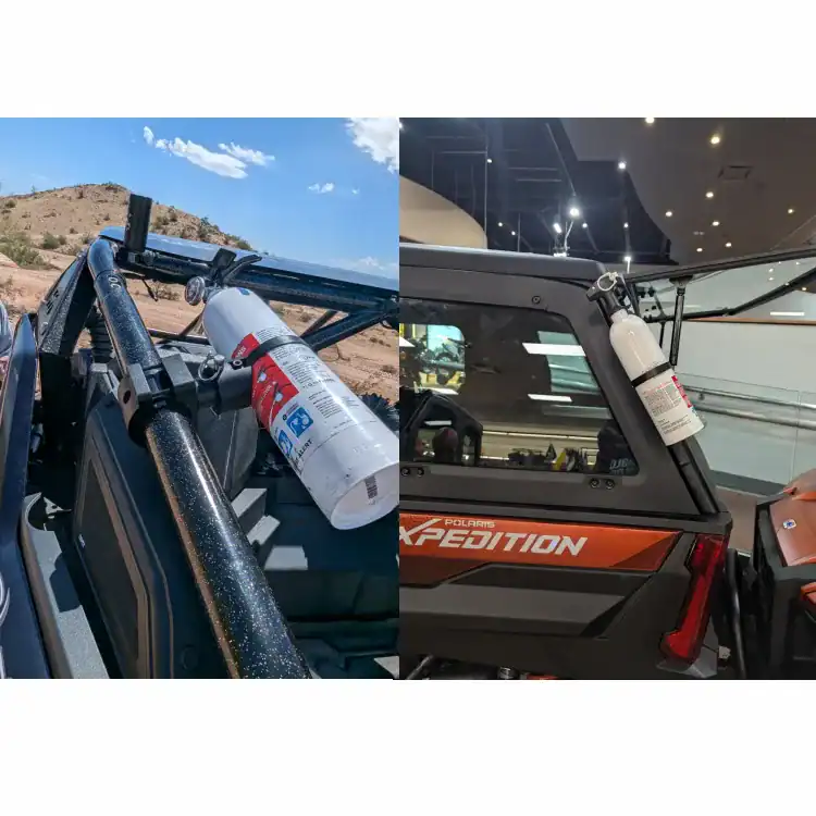 Dirtbag Brands UTV fire extinguisher mounts installed on Polaris RZR and Polaris Xpedition roll cages using quick-release billet clamps